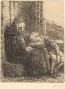 Donna seduta contro un muro, bambino con la testa nel suo grembo da Alphonse Legros