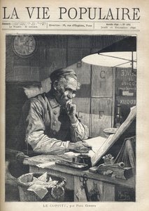 Un copista concentrato che lavora nel suo ufficio. Illustrazione di Alfons Maria Mucha da Alphonse Mucha