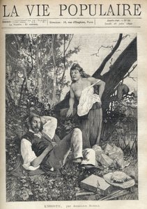 Una giovane donna, spettinata, denudata, con il petto scoperto, si china con fiducia e divertimento verso un pittore sdraiato, addormentato in mezzo alla natura, giacca, cappello, materiale e pipa sparsi sul pavimento. Illustrazione di Alfons Maria Mucha da Alphonse Mucha