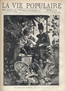 Un uomo elegante compra fiori in un negozio di fiori. Illustrazione di Alfons Maria Mucha.