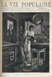Una donna elegante lucida una scarpa nella cucina di una casa. Un uomo apre la porta dietro di lei. Illustrazione di Alfons Maria Mucha
