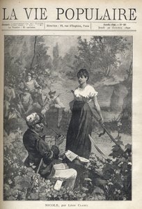 Un vecchio legge una lettera a una bella giovane contadina che tiene una falce. I cacciatori osservano la scena in lontananza. Illustrazione di Alfons Maria Mucha (Alphonse Marie Mucha)