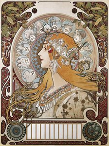 MUCHA, Alphonse Maria (1860-1939). Zodiaco. 1896. (67 x 48 cm). Poster e calendario pubblicitario della rivista “La Plume”. Modernismo. Litografia da Alphonse Marie Mucha