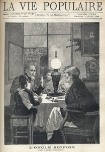 Scena di vita familiare: intorno al tavolo da pranzo, una famiglia è riunita, illuminata da una lampada a olio e ascolta attentamente uno zio in visita, con occhi brillanti e mano che segna i punti salienti della sua storia. Illustrazione di Alfons Maria M da Alphonse Mucha