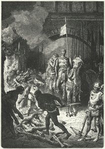 El Cid, accompagnato dalla moglie Dona Jimena, supervisiona la costruzione della pira funeraria di Ahmed, re moresco di Valencia da Alphonse Marie de (after) Neuville