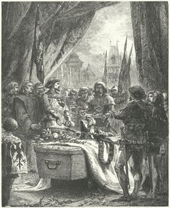 Il comandante di Chateauneuf de Randon depone le chiavi della città sulla bara di Bertrand du Guesclin da Alphonse Marie de (after) Neuville