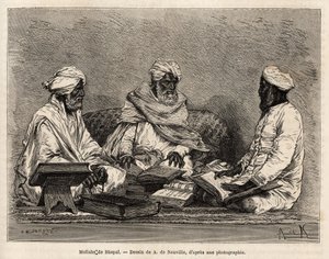 I mullah della moschea di Bhopal, in piena discussione sui punti controversi della religione musulmana, incisione dal disegno di A. de Neuville, che illustra il viaggio in India dei Rajah, nel 1864-1868, di Louis Rousselet, pubblicato in "Le tour du monde" da Alphonse Marie de Neuville