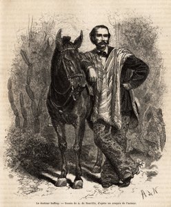 Ritratto del Dr. Saffray, a cavallo, in abiti da viaggio, incisione dal disegno di A. de Neuville, illustrante il viaggio nella Nuova Granada, del Dr. Saffray, nel 1869, pubblicato in "Le tour du monde" 1873, a cura di Edouard Charton, edizione Hachette da Alphonse Marie de Neuville
