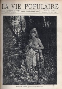 Una giovane donna nuda, in piedi e spettinata, copre il suo corpo con una coperta, circondata da vegetazione e alberi che mascherano una grata in ferro battuto - Illustrazione di Alfons Maria Mucha da Alphonse Mucha