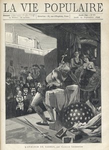 Sul palco di un teatro itinerante, il pubblico assemblato guarda il numero di un ingoiatore di sciabole, ai lati, nascosti dal sipario, due artisti lo osservano con un sorriso. Illustrazione di Alfons Maria Mucha (Alphonse Marie Mucha da Alphonse Mucha