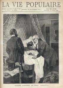 Due uomini si chinano su un letto per vedere la morte di un uomo. Alla porta, altri uomini osservano la scena. Illustrazione di Alfons Maria Mucha da Alphonse Mucha