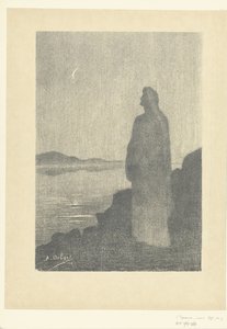 Donna in piedi sulla riva guarda la luna da Alphonse Osbert