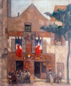 Vista della facciata del famoso ristorante parigino a Montmartre, con bandiere alle finestre e persone sedute a un tavolo da Alphonse Quizet