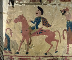 Tappeto raffigurante un guerriero a cavallo, dai Tumuli di sepoltura di Pazyryk, V-IV secolo a.C. (tessuto) da Altaic School
