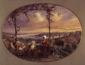 Vista dalla terrazza di una casa a Galata, con un turco, sua moglie e un servitore che guardano verso la bocca del Corno d