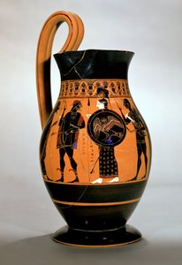 Olpe a figure nere attiche raffigurante Atena che affronta Poseidone, VI secolo a.C.