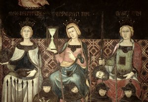 Allegoria del Buon Governo, dettaglio di Giustizia, Speranza e Magnanimità, 1338-40