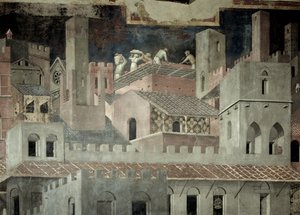 Effetti del buon governo in città, dettaglio di architettura e costruzione di una casa da Ambrogio Lorenzetti