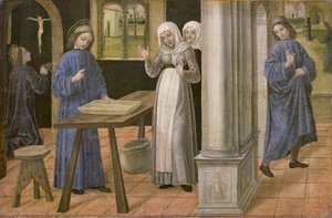 La preghiera, il miracolo del setaccio e la partenza per Subiaco, predella di un altare raffigurante scene della vita di San Benedetto, 1488-95