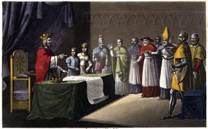Assemblea di Worms: Ludovico I il Pio (778-840), re di Francia, deposto dai suoi tre figli (Lotario, Pipino e Ludovico) per aver voluto ridividere il suo regno a favore del suo quarto figlio (Carlo, una figura in blu accanto al re) nel 833.