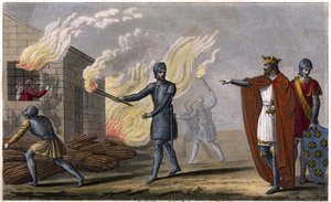Clotario I (497 - 561) brucia suo figlio Chramne in una capanna, rivolta contro di lui - Disegnato e inciso da Ambroise Tardieu nel 1825