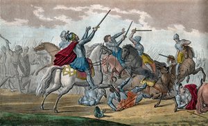 Clodoveo I (466-511), Re dei Franchi, Dinastia dei Merovingi - Durante la Battaglia di Tolbiac contro gli Alemanni, promise di convertirsi al Cattolicesimo se Dio gli avesse concesso la vittoria - Disegno e incisione di Ambroise Tardieu nel 1825