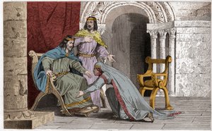 Emma bacia il ginocchio del marito Raoul (936) in riconoscimento della sua sovranità - Emma di Francia (894-934) bacia le ginocchia del marito Raoul (ca. 890-936) che aveva scelto come re durante la prigionia di Carlo III il Semplice - Incisione del 1825 da Ambroise Tardieu