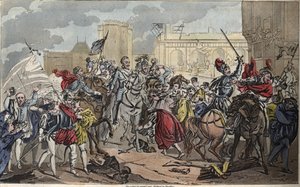 Entrata di Enrico IV a Parigi: Enrico IV (1553 - 1610). La conversione del re al cattolicesimo diede il colpo finale alla Lega, aprì le porte di Parigi e il cuore dei suoi sudditi, nel 1594. Disegnato e inciso da Ambroise Tardieu nel 1825.