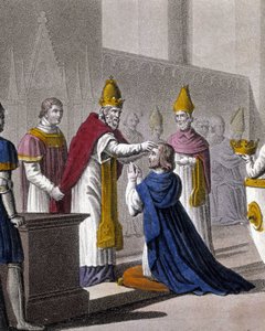 Luigi II consacrato una seconda volta al Concilio di Troyes da Giovanni VIII nel 879 (dettaglio). Disegnato e inciso da Ambroise Tardieu nel 1825