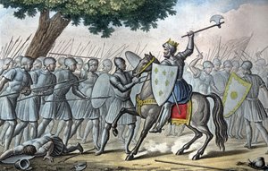 Luigi VI, detto "il Grosso" (1081 - 1137), nella battaglia di Brenneville, tenta di togliere la Normandia al re Enrico I nel 1119. - Disegnato e inciso da Ambroise Tardieu nel 1825. da Ambroise Tardieu