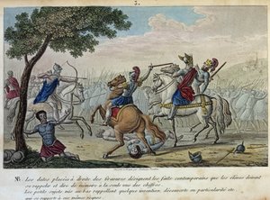 Meroveo (447-458) sfida Attila ai Campi Catalaunici vicino a Troyes con Ezio e Teodorico I. È il presuntuoso re dei Franchi-Salii e diede il suo nome alla dinastia merovingia. - Disegnato e inciso da Ambroise Tardieu nel 1825 da Ambroise Tardieu