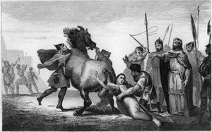 La morte della regina Brunilde di Austrasia, principessa visigota, sposata con il re Sigeberto I di Austrasia - tortura di Brunehaut: Brunehaut prigioniera di Clotario II, legata alla coda di un cavallo infuocato nel 613 - Incisione