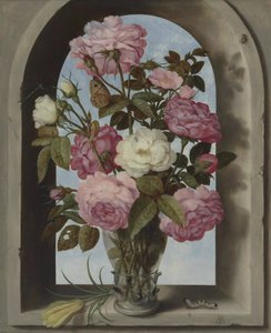 Olandese: Rose in un Roemer, collocate in una finestra con un crocus e un bruco Natura morta con rose in un vaso di vetro