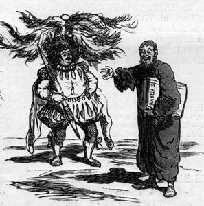 Gioia di Rabelais vedendo Gustave Doré identificarsi pienamente con gli uomini dei suoi scritti. Caricatura di Cham. Incisione in 