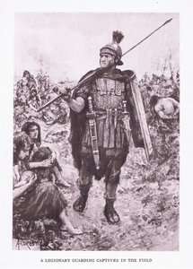 Un legionario che sorveglia prigionieri in un campo, illustrazione da Il Soldato Romano, 1928 da Amedee Forestier