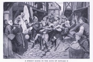 Una scena di strada ai tempi di Edoardo II, da La Storia del Popolo Britannico di Cassell pubblicato da Waverley Book Company Limited, c.1940 da Amedee Forestier