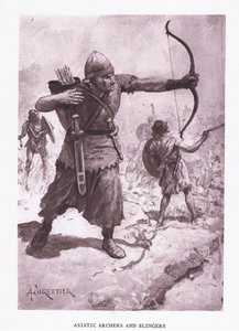 Arcieri e frombolieri asiatici, illustrazione da Il Soldato Romano, 1928 da Amedee Forestier