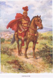 Imperator: originariamente, come qui, il generale romano vittorioso veniva salutato dai suoi soldati sul campo. Più tardi il titolo fu riservato solo agli imperatori, illustrazione da Il Soldato Romano, 1928 da Amedee Forestier