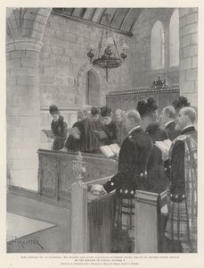 Re Edoardo VII a Balmoral, Sua Maestà e la Regina Alessandra che assistono al servizio divino nella chiesa parrocchiale di Crathie la mattina di domenica 6 ottobre