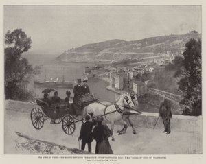 La Regina a Cimiez, Sua Maestà di ritorno da una passeggiata sulla strada di Villefranche, HMS Cambrian ancorata al largo di Villefranche