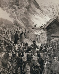 La guerra degli affitti in Irlanda: Incendio delle case degli inquilini sfrattati a Glenbeigh, contea di Derry, da 
