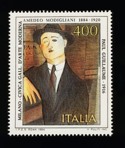 Francobollo della serie arti italiane in onore di Amedeo Modigliani (1884-1920), raffigurante Ritratto di Paul Guillaume (1916), francobollo da 400 lire