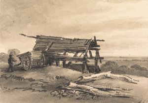 Veduta di Harrow: con lavoratore agricolo, carro e fienile in rovina