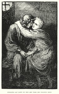 Innocens si sedette accanto a lui e prese la sua mano incatenata da Amelia M. (attr.to) Bowerley or Bauerle