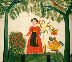 Ragazza in Rosso con Fiori e un Distelfink da American 19th Century