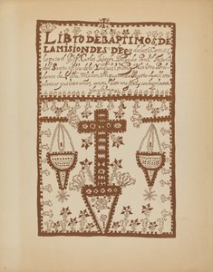 Tavola 2: Libro dei battesimi di Jemez: Dal portfolio "Disegni coloniali spagnoli del Nuovo Messico" da American 20th Century