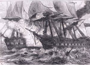 Combattimento tra il Chesapeake e lo Shannon, illustrazione da Cassells History of the United States pubblicata da Cassell, Petter & Galpin, c.1900 da American English school