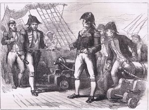 Gli ufficiali del Chesapeake offrono le loro spade, illustrazione da Cassells History of the United States pubblicata da Cassell, Petter & Galpin, c.1900 (litografia) da American English school