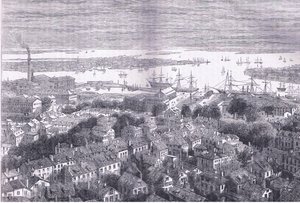 Veduta di Boston da Bunkers Hill, illustrazione da Cassells History of the United States pubblicata da Cassell, Petter & Galpin, c.1900 (litografia) da American English school