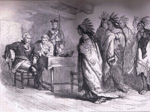 Visita di Pontiac e degli indiani al maggiore Gladwin 1763, illustrazione da Cassells History of the United States pubblicata da Cassell, Petter & Galpin, c.1900 da American English school